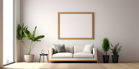 Fototapeta na wymiar Blank picture frame mockup on white wall,generative ai