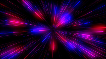 Abstract colorful Illustration. Acceleration speed motion on night road. Light and stripes moving fast over dark background.