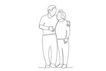 Grandparents standing hugging each other. Grandparent day one-line drawing