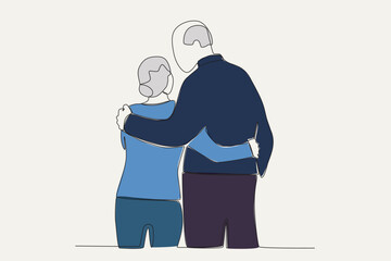 Back view colored illustration of grandparents hugging. Grandparent day one-line drawing