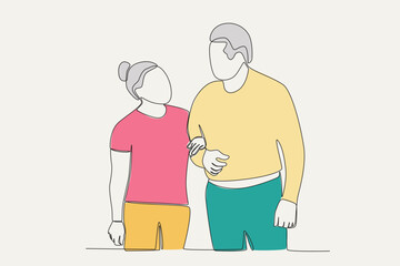 Color illustration of grandparents holding hands. Grandparent day one-line drawing