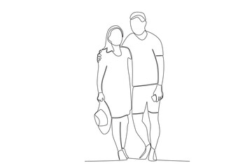 Fototapeta na wymiar Grandparents walk leisurely while hugging. Grandparent day one-line drawing