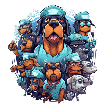 A comical t-shirt design featuring a Rottweiler dog dressed as a surgeon, surrounded by various animal patients in humorous poses. The dog is depicted in a whimsical and playful way, Generative Ai