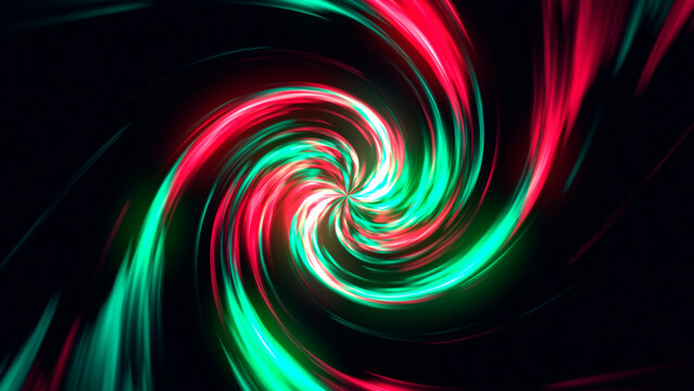 Illustration of red and green spiral abstract blured neon space background.