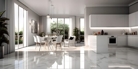 Modern disign kitchen interior with window and city veiw. AI generative image
