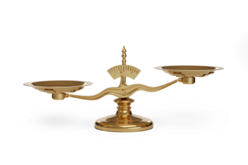 Golden uneven balance scales isolated on white background. 3d illustration.