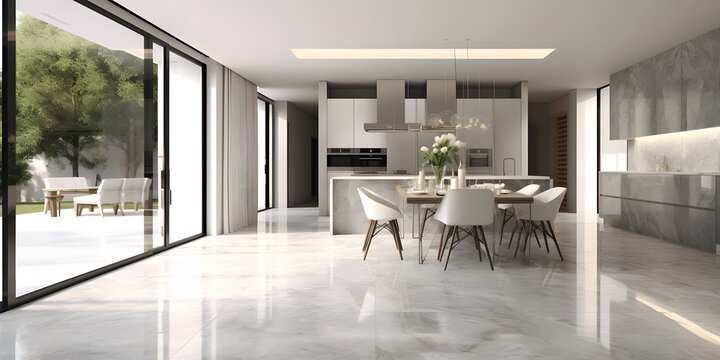Modern disign kitchen interior with window and city veiw. AI generative image