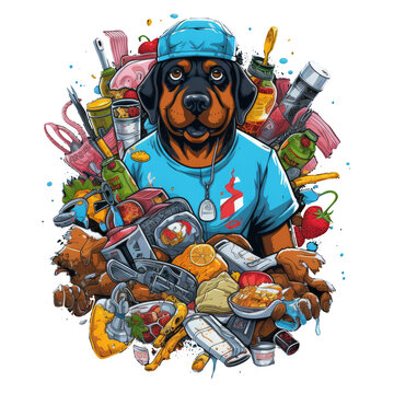 A humorous t-shirt design featuring a Rottweiler dog dressed as a surgeon, surrounded by a variety of food-themed medical objects. The dog is depicted in a silly and playful way, Generative Ai