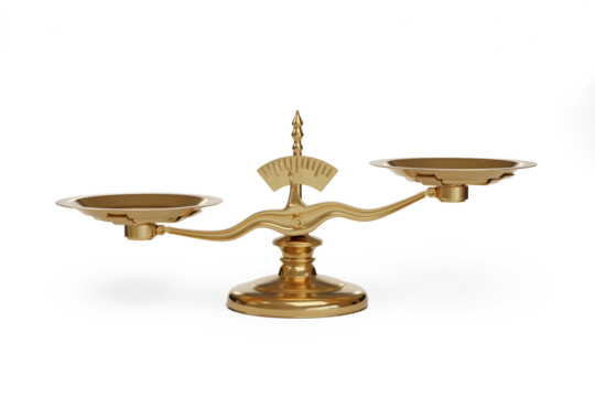 Golden uneven balance scales isolated on white background. 3d illustration. - Powered by Adobe
