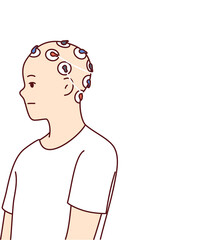 Man with electrodes connected to head to study brain activity and work of neurons or mind control