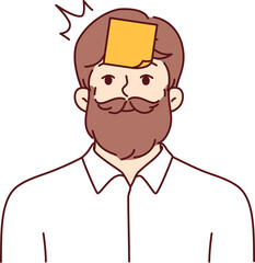 Hipster man with sticky notes on forehead tries to guess what is written on sticker