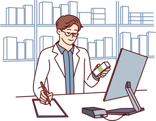 Man pharmacist in medical coat stands behind counter in pharmacy and prescribes prescription drugs © drawlab19