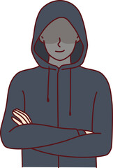 Anonymous man stands with arms crossed and hiding eyes behind hood for concept secret surveillance