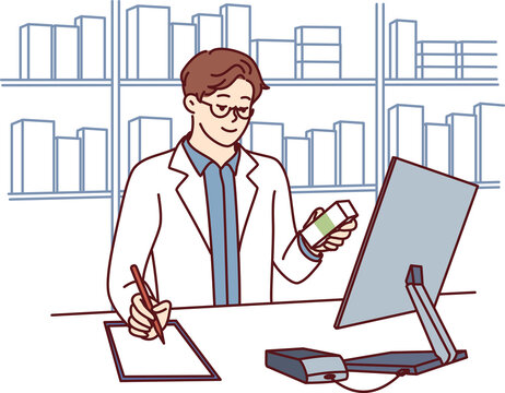 Man pharmacist in medical coat stands behind counter in pharmacy and prescribes prescription drugs