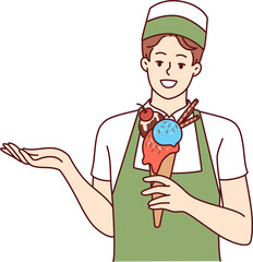 Woman ice cream seller holds cold dessert in waffle cup offering fruit delicacy to refresh