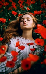Obraz na płótnie Canvas Ethereal setting with young girl sleeps on a field of poppies - ai generative