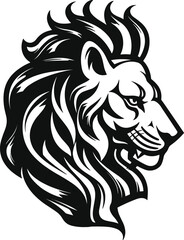 A lion head with a black mane and a white background.