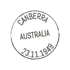 Canberra postage and postal stamp. Postal envelope Australia city mark, mail delivery Oceania region old vector seal or post departure country Australian Canberra ink stamp
