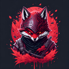 Little fox ninja, t-shirt print, samurai, Japan, red and white. Generative AI