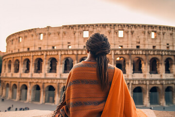 Fototapeta na wymiar African american woman against Colosseum, Rome, Italy. Tourist visit italian famous landmark. Generative AI.