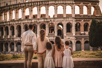 Family with kids against Colosseum, Rome, Italy.  People visiting italian famous landmarks. Generative AI.
