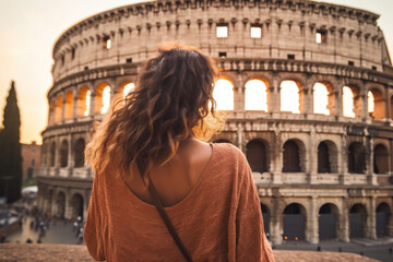 Back of woman against Colosseum, Rome, Italy.  Tourist visit italian famous landmark. Generative AI.