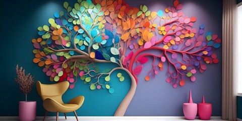 Fototapeta na wymiar Colorful tree with leaves on hanging branches of blue, white and golden illustration background. 3d abstraction wallpaper for interior mural wall art decor. floral tree with multicolor leaves. ai