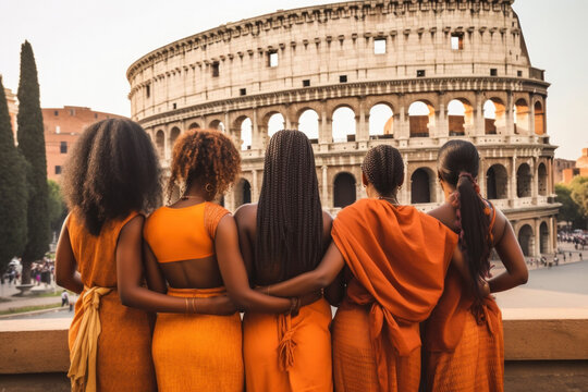 Group of African ameircan women against Colosseum, Rome, Italy.  Hen party at italian famous landmarks. Generative AI.
