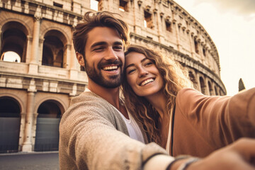 Couple making selfie on camera against Colosseum, Rome, Italy.  Tourists in love, visiting italian famous landmarks. Generative AI.