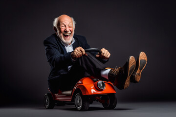 Cute happy and smiling old man drives small pedal car - ai generative