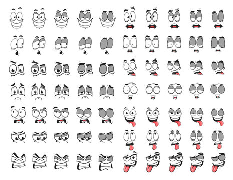 Cartoon face and blink eyes animation and giggle look emoji vector spread sheet. Smile eye emoticons and funny comic emoji in animated spreadsheet, happy smiling, scared, sad and tired eye characters