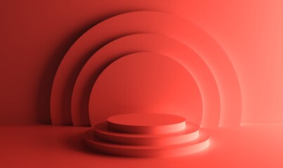 Obraz premium Realistic 3d background with cylinder podium. Red glowing light semi circles layers scene. Abstract minimal scene mockup products display, Stage showcase. 3D Rendering geometric forms.