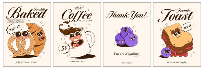 Trendy posters with funny characters. Fresh pastries, pretzel, croissant, French toast, coffee, blueberries. Branding mascots for cafe, restaurant, bar. Vector illustration.