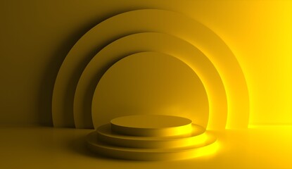 Realistic 3d background with cylinder podium. Yellow glowing light semi circles layers scene. Abstract minimal scene mockup products display, Stage showcase. 3D Rendering geometric forms.
