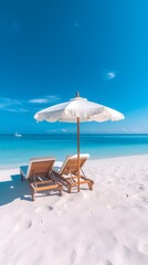 Beautiful beach mobile banner. White sand, colorful chairs and colorful umbrella travel tourism wide panorama background concept.