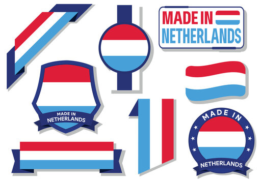 Collection of made in Netherlands badges labels Netherlands flag in ribbon vector illustration