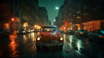 Fototapeta na wymiar rain is falling under the classic vehicle represent loneliness. generative AI