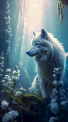 Ethereal setting with white wolf in a enchanted forest - ai generative