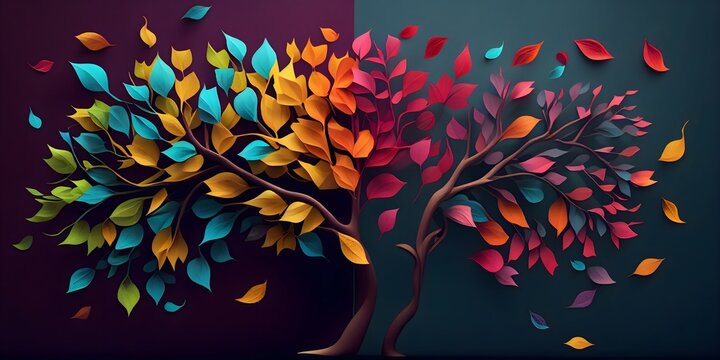 Colorful tree with leaves on hanging branches of blue, white and golden illustration background. 3d abstraction wallpaper for interior mural wall art decor. floral tree with multicolor leaves. ai