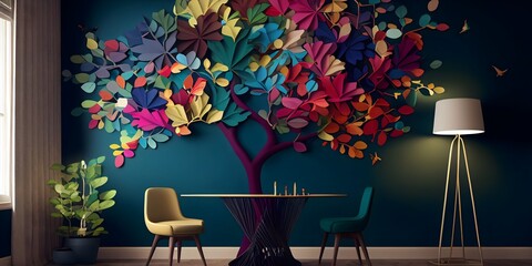Colorful tree with leaves on hanging branches of blue, white and golden illustration background. 3d abstraction wallpaper for interior mural wall art decor. floral tree with multicolor leaves. ai