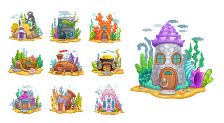 Underwater cartoon fairy house buildings for game assets, vector undersea home dwellings. Mermaid fish or marine creature houses in coral reef, wooden boat, shell and pot home with doors and windows