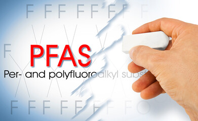 Stop dangerous PFAS per-and polyfluoroalkyl substances used in products and materials due to their enhanced water-resistant properties - Concept with hand erasing - obrazy, fototapety, plakaty