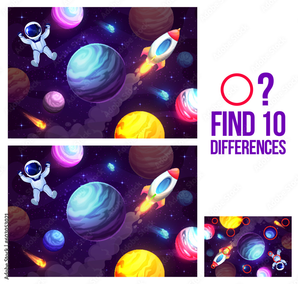 Aufkleber find ten differences. cartoon astronaut in outer space kids game puzzle quiz. vector worksheet of pi