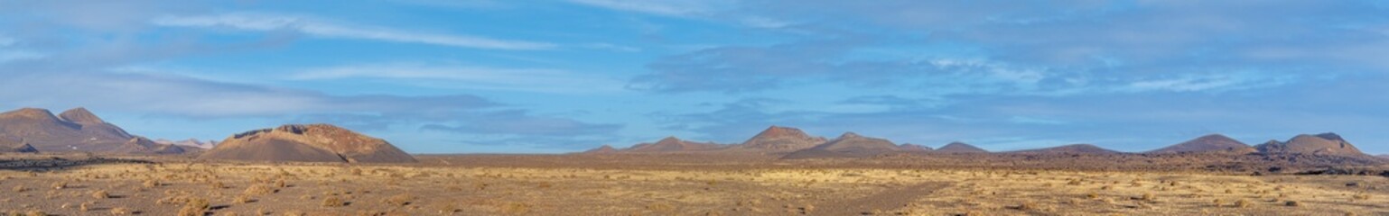 Panoramic view over the barren volcanic Timanfaya National Park on Lanzarote