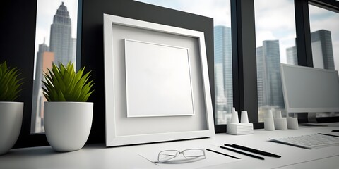 Fototapeta premium Mockup of black frame in office interior,Generative AI