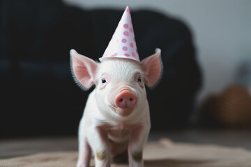 cute pig wearing a birthday hat