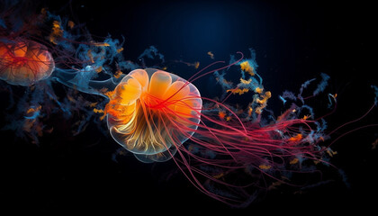 Obraz premium Glowing medusa swims in deep blue sea generated by AI