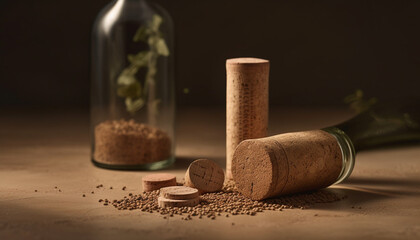 Wine bottle cork stopper, spilling liquid heap generated by AI