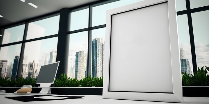 Mockup of black frame in office interior,Generative AI