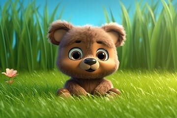 a cute adorable baby bear resting in grass on a sunny day rendered in the style of children-friendly cartoon animation fantasy style 3D style Illustration created by AI